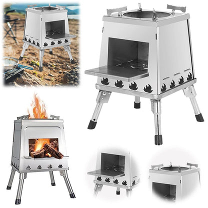 Portable Fire Wood Stove Stainless Steel Foldable Wood-Burning Stove Height Adjustable for Outdoor Camping Hiking Cooking Picnic