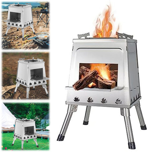 Portable Fire Wood Stove Stainless Steel Foldable Wood-Burning Stove Height Adjustable for Outdoor Camping Hiking Cooking Picnic