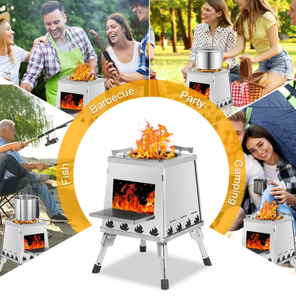 Portable Fire Wood Stove Stainless Steel Foldable Wood-Burning Stove Height Adjustable for Outdoor Camping Hiking Cooking Picnic