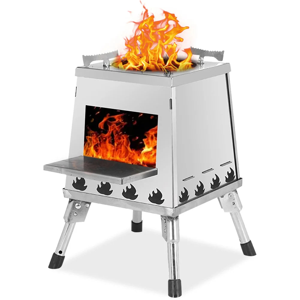 Portable Fire Wood Stove Stainless Steel Foldable Wood-Burning Stove Height Adjustable for Outdoor Camping Hiking Cooking Picnic